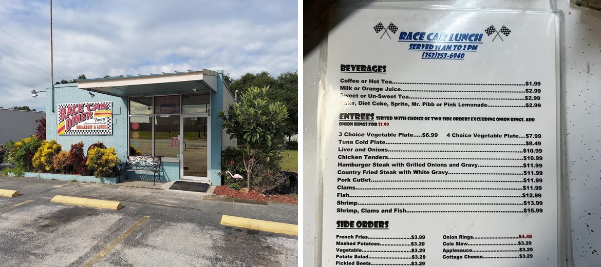 Race Car Diner Menu